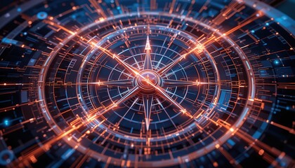 Poster - Digital compass with glowing lines, particles. Tech concept, navigation, direction visualization. North, east, south, west directions, futuristic design. Abstract illustration, 8k Resolution