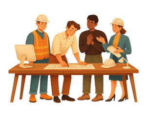 Fototapete - Diverse Team of Architects and Engineers Collaborate on Blueprint Drawings at Wooden Table