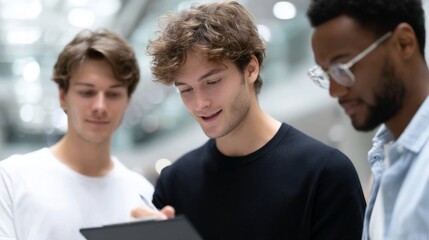 Aufkleber - Three young men engage in a discussion while examining a tablet screen. The setting is modern and professional. This image captures collaboration and technology in a casual style. AI