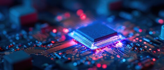 Fototapete - The microchip illuminated on a high-tech circuit board in a digital environment