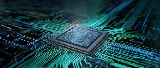 Fototapete - The Microchip on a Circuit Board with Glowing Connections and Patterns