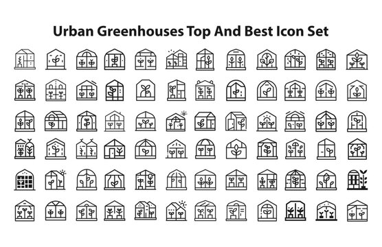 Urban Greenhouses Top And Best Icon Set. editable stroke vector graphic elements, Essential brand presence toolkit stock illustration