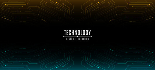 Poster - Technology background featuring abstract glowing circuit lines and electronics elements on black backdrop. Digital sci-fi template with electronic system. Vector illustration.