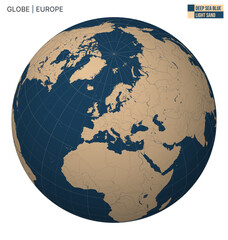 Poster - Vector Globe centered to Europe. Deep Sea Blue Light Sand palette. World map with meridians, parallels, countries, rivers and lakes. Classy vector illustration.