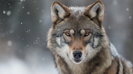 Naklejka na meble A majestic wolf stands still, surrounded by falling snowflakes in a quiet, snowy forest.