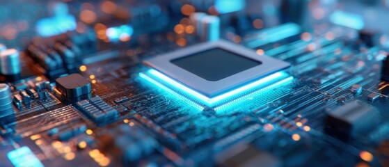 Fototapete - The intricate microchip illuminated on a modern electronic circuit board.