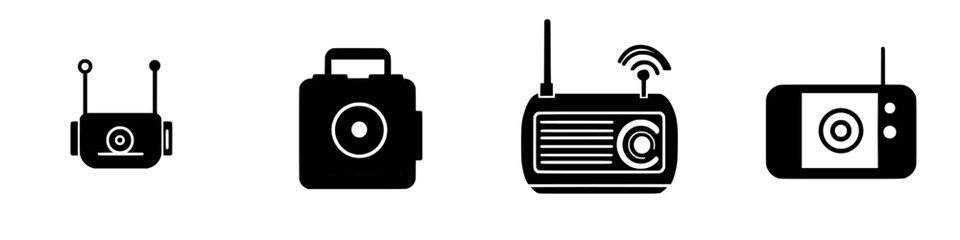 Poster - Black icons representing technology, communication, and broadcasting tools in a modern design