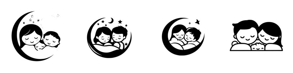 Poster - Collection of black icons depicting family love and togetherness with children under a crescent moon