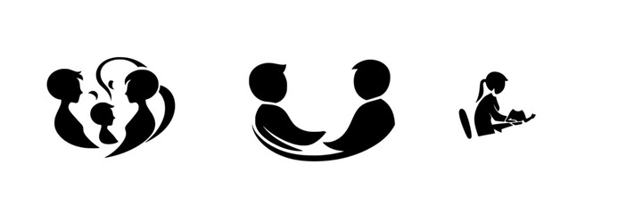 Poster - Black icons representing family interaction, consultation, and individual focus in a simple and clean design