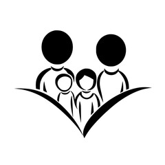 Poster - Icon representing family with abstract figures and open book design symbolizing knowledge and togetherness