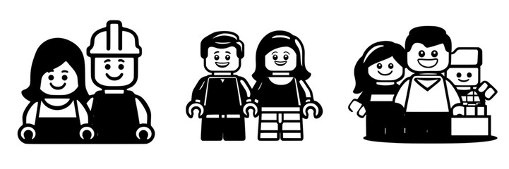 Poster - Black icon set featuring diverse characters representing teamwork and family in various activities
