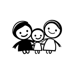 Poster - Three friendly black icons of a family standing together with smiles, showcasing unity and joy in a simplistic style