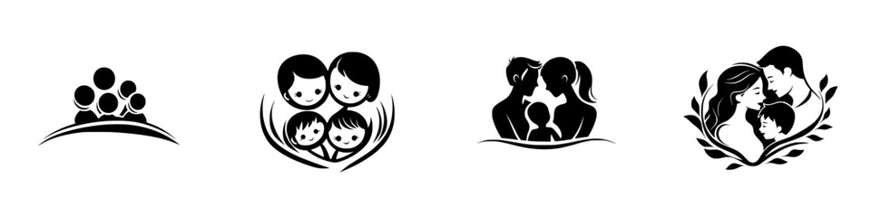 Poster - Set of simple black icons depicting family and relationships in various configurations and styles