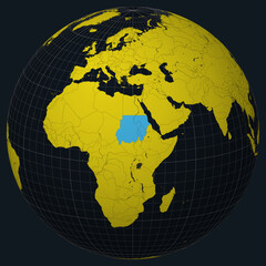 Poster - Sudan on Globe. Country view on the world map in Charcoal Bright Yellow color palette. Sudan shape on map. Globe with meridians, parallels, countries, rivers, and lakes. Neat vector illustration.