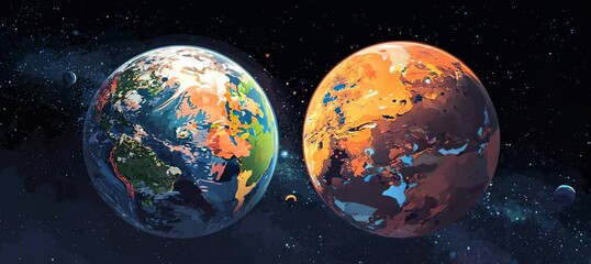 Aufkleber - Earth and Mars planet rotation. Space astronomy science education. Generative video AI technology.