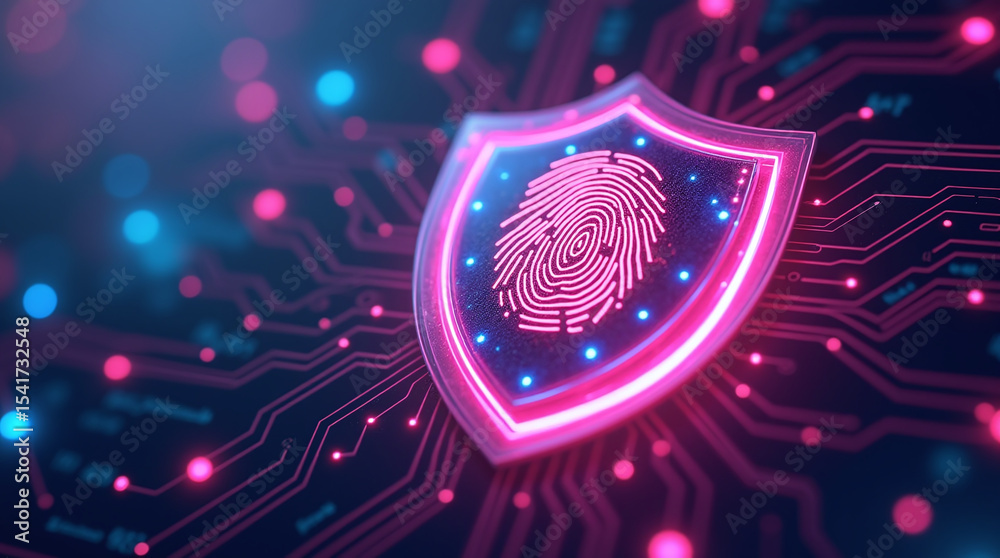 cyber security shield with neon glow, holographic circuit board ...