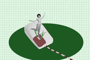 Aufkleber - Poster pop collage of person stand big computer mouse on green color background