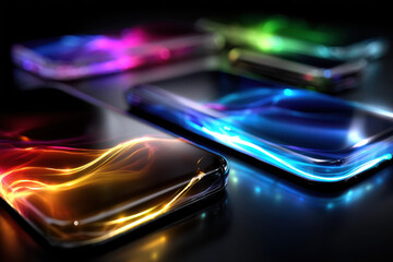 Poster - Colorful phones displaying vibrant light effects on a dark surface at night