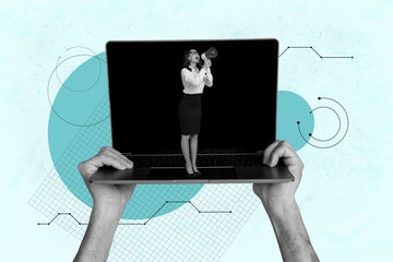 Poster - Full trendy 3d collage poster of happy businesswoman businessman stand laptop keypad decode hacker software programming freelance