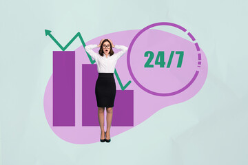 Poster - Composite trend artwork sketch photo collage of happy businesswoman businessman manager stand chart progress arrow 24 7 helpline