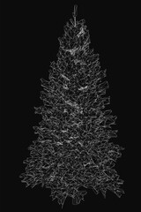 Poster - A black and white Christmas tree illustration with intricate line art and geometric shapes, set against a dark background. The minimalist design features abstract patterns and detailed strokes,.