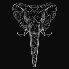 Poster - Low poly elephant head composed of white geometric lines and shapes, forming a striking abstract pattern. The design features clean edges and a minimalist aesthetic, set against a sleek black.