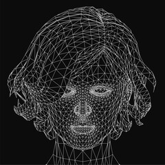 Poster - Wireframe portrait of a woman's head composed of intricate lines and geometric shapes, forming a stylized digital illustration. The design features a sleek black background, emphasizing the.