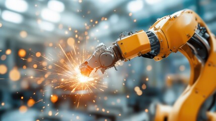 Poster - An impressive industrial robotic arm producing sparks during a manufacturing process, symbolizing innovation, efficiency, and the future of technology in production environments.