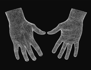 Fototapete - Male hands depicted in a sleek wireframe style stand out against a dark black background, creating a striking contrast. The artistic rendering highlights intricate details and a modern, minimalist.