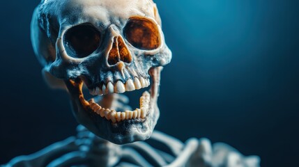 A carefully designed skeleton model smiles against a dramatic blue background, inviting curiosity about human anatomy and the intricacies of life.