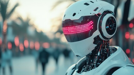 Poster - A sleek, futuristic robot with a high-tech design and glowing red eyes stands in an urban environment, symbolizing advanced technology and the future of artificial intelligence and robotics.