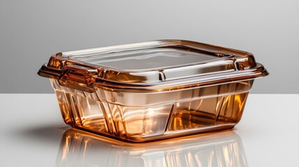 Poster - A clear amber plastic food container sits elegantly on a minimalist table, showcasing transparency and modern design, ideal for food storage and organization concepts.