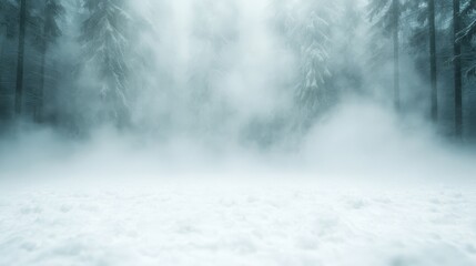 Poster - A mystical winter landscape featuring a dense fog enveloping a forest, with a soft blanket of snow covering the ground, evoking feelings of tranquility and solitude in nature.