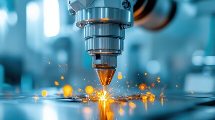 Poster - A vibrant and dramatic image capturing the moment sparks fly from a laser cutting machine, showcasing technology at work, evoking feelings of innovation and precision.