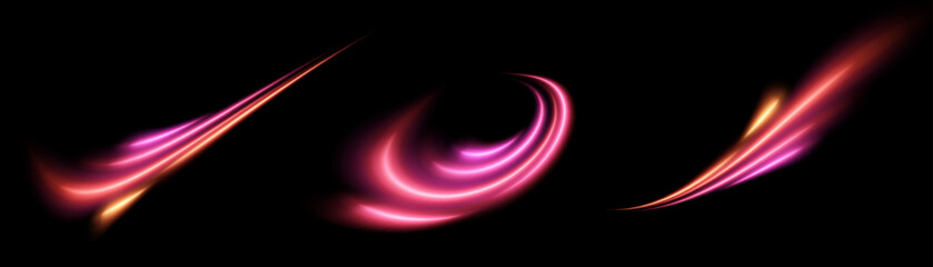 Poster - Curved light streams with bright glow in pink-orange tones on a black background. The effect of acceleration of light and shine on a black background.