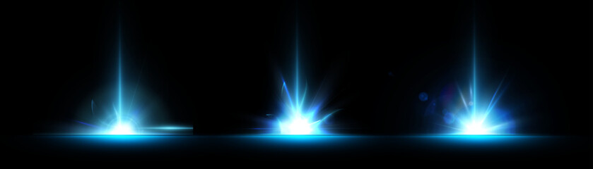 Aufkleber - Set of blue glowing energy flashes with vertical light rays on black background. Light effect for design and illustrations. Vector