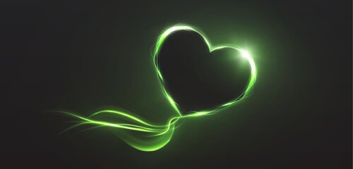 Poster - Bright glowing heart in green tones with smooth light flow on dark background. Light effect for romantic design, backgrounds and holiday graphics.