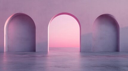Poster - Beautiful pink archways create a stunning visual, leading the viewer’s gaze toward a serene ocean view during sunset, evoking feelings of calm and tranquility.