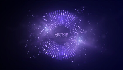 Poster - Futuristic circle of glowing dots with depth effect and purple glow. Visualization of digital pulse in purple glow.