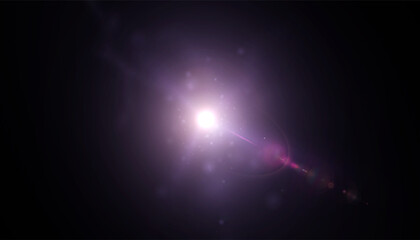Poster - Bright purple light source with rays and halo. Glowing blue beam in the form of a flash with lens effect and glare on a black background.. Adobe Illustrator Artwork