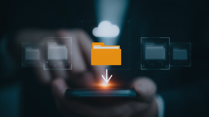 Poster - Downloading Files to Smartphone:  A person's fingers are shown interacting with a smartphone screen, downloading a file from the cloud storage.