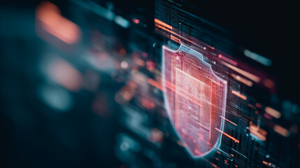Poster - Digital Fortress: An abstract display of cybersecurity, with a digitally rendered shield at the forefront symbolizing protection and data safety within a complex network.