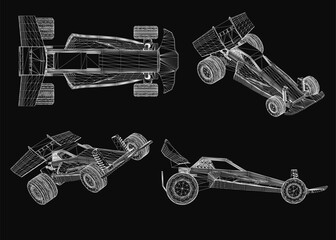 Fototapete - A sleek 3D wireframe race car model stands out against a black background, showcasing intricate design details. The toy car set features realistic rendering with a futuristic aesthetic.