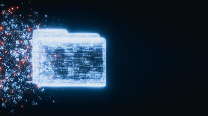 Poster - Digital Data Folder: Abstract glowing digital folder icon with data particles exploding from its side, representing data transfer, storage, or processing.