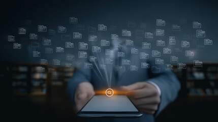 Poster - Digital File Exchange: A person's hand holding a smart phone projects a stream of digital file icons into the digital sky, illustrating the process of sharing files and information. 