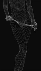 Poster - Skeletal girl in neutral pose holds her panties with her fingers with clear geometric lines, digital model of person for 3D design projects. Transparent mesh structure highlights anatomical details