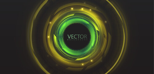 Fototapete - Bright tech circle with green-yellow glow, depth effect and abstract lines. Vector background for interfaces, presentations and tech designs.