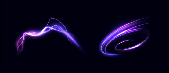 Poster - Dynamic purple light swirls and glowing wave shapes on dark backdrop. Suitable for sci-fi motion design, digital speed effects, and energy interface highlights.

