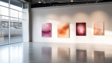 Poster - A contemporary art gallery with four abstract paintings hanging on a white wall, showcasing fluid shapes and soft colors under natural light.