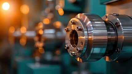 Poster - An intricate close-up view of metallic industrial machinery components, showcasing the details of engineering and craftsmanship in a contemporary mechanical setting.